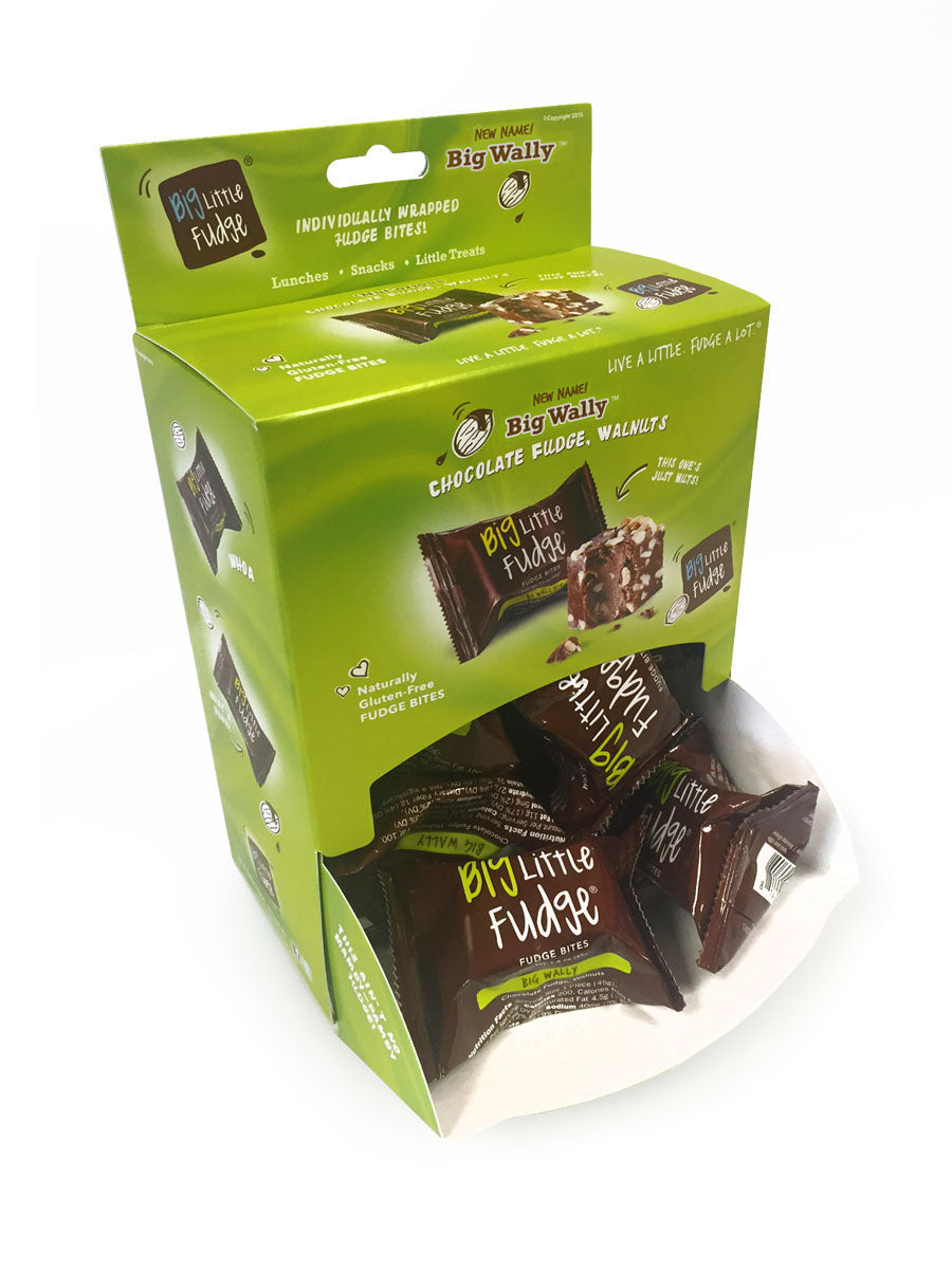 Packaging of 12pk Fudge Bites with chocolate and walnuts shown in an open box with individual fudge bites visible.