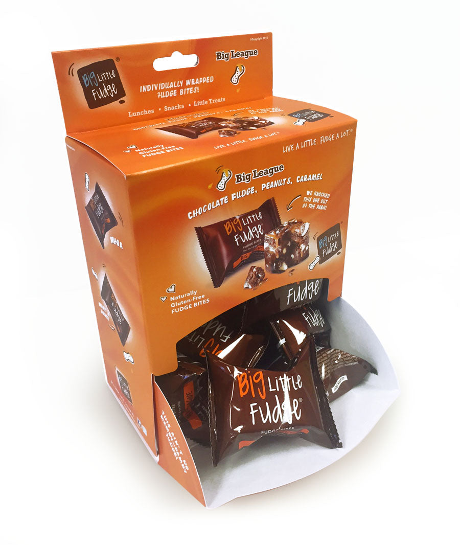 Packaging of Big League Fudge Bites showing individual wrapped chocolate pieces with visible caramel and peanut elements.