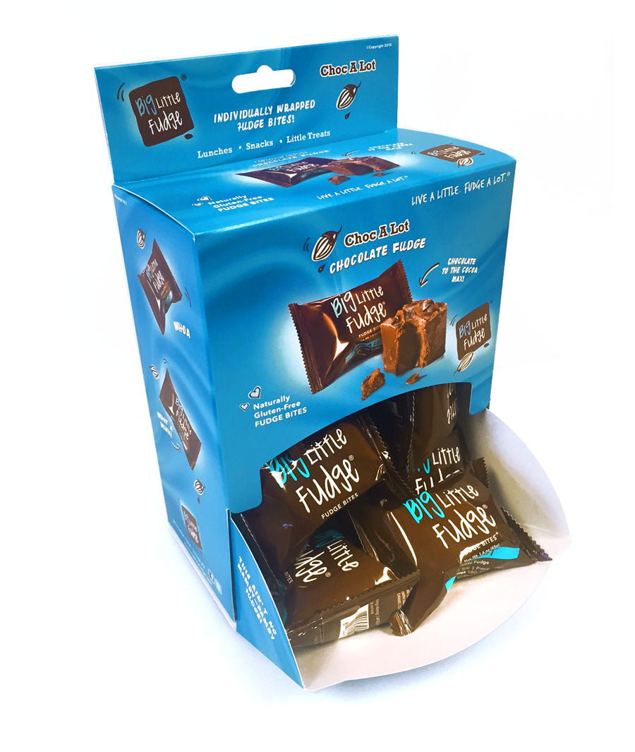 A packaged product displaying chocolate fudge bites in a box with the brand 'Choc A Lot' visible on the packaging.