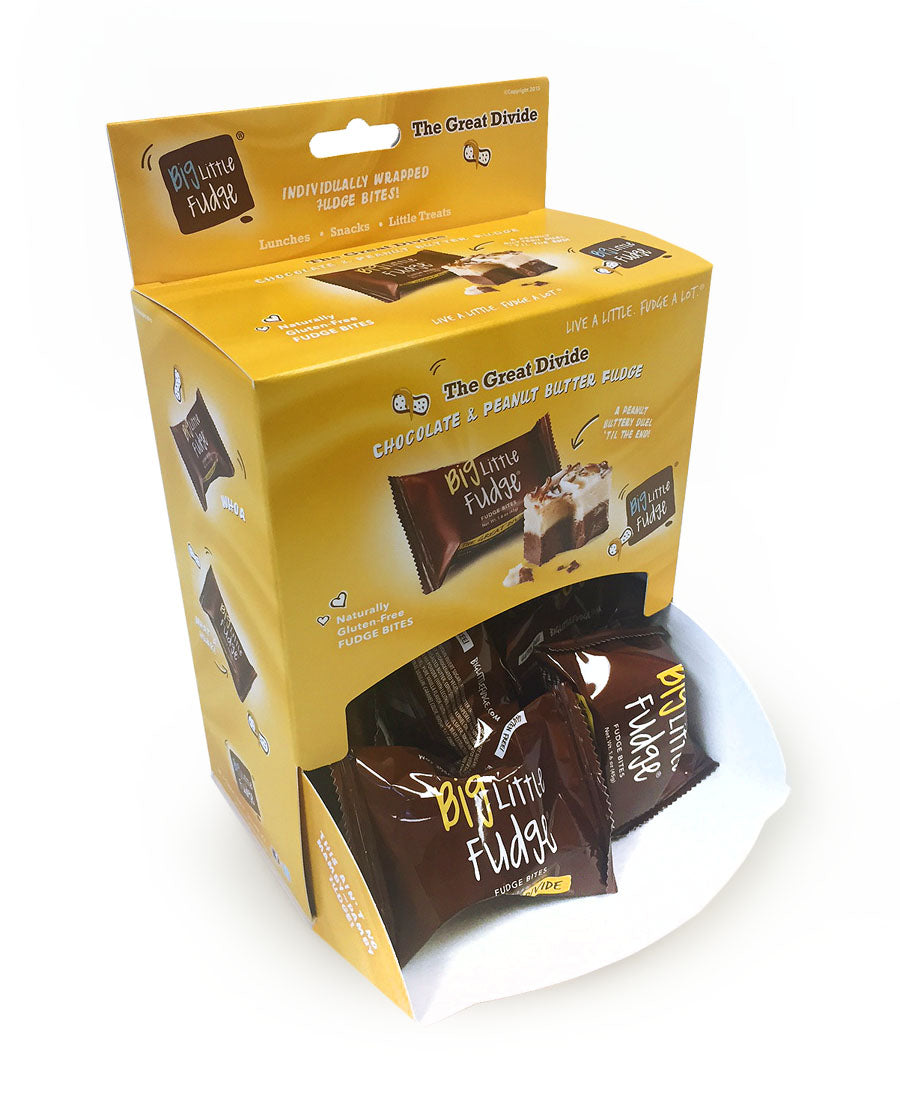 Packaging of The Great Divide Fudge Bites showing a box with individual wrapped pieces of fudge.